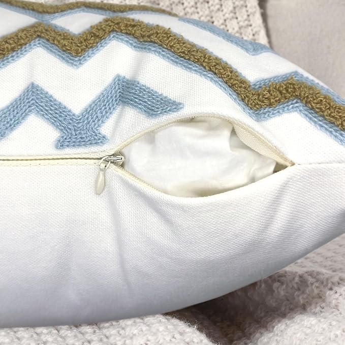 Alysheer Embroidered Decorative Throw Pillow Cover 18"x 18" Set of 2, Classic Boho Geometric Embroidery Pattern Cotton Rectangular Cushion Case for Sofa Couch Living Room Bedroom (Blue Khaki)