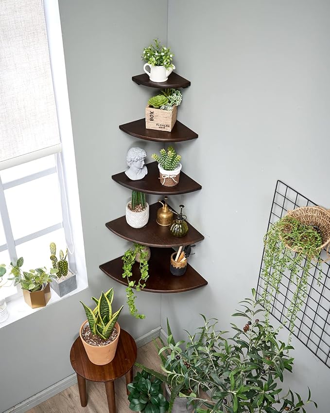 Corner Shelf, 7inch Solid Walnut Wood Floating Corner Shelf Wall Mount Round End Floating Speaker Rack with Wire Hole for Small Plant Photo Frame for Bedroom Kitchen, Living Room