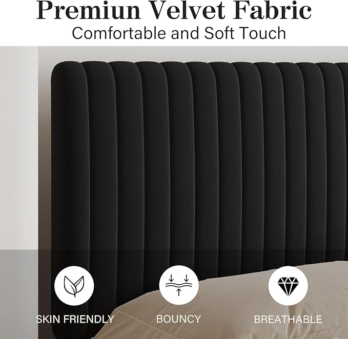Queen Bed Frame, Velvet Upholstered Platform Bed with Vertical Channel Tufted Headboard, No Box Spring Required, Easy Assembly, Black