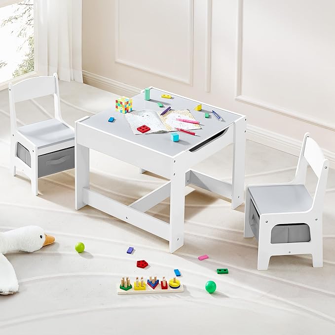 Kids Table and Chair Set, 3 in 1 Wooden Activity Table with Detachable Tabletop, Toddler Table and Chair Set with Storage Drawer, Kids Play Table for Children Art, Craft, Eating, Learning