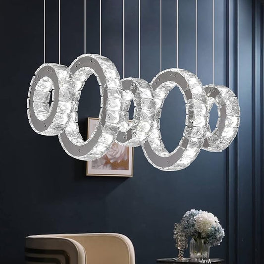 Buccleuch Modern Crystal Chandelier, Dimmable LED Ceiling Light Fixture 5-Ring Adjustable Stainless Steel Pendant Light, Silver Crystal Chandeliers for Dining Room, Bedroom, Living Room - Cool White