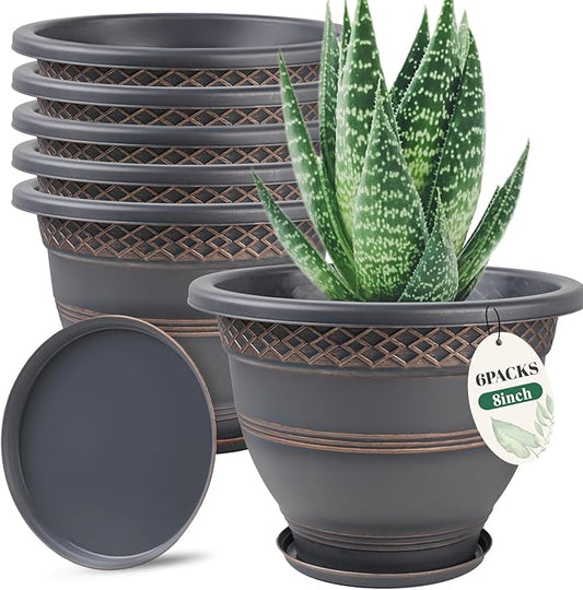 6 Pack 8 Inch Plant Pots, Plastic Flower Pot for Indoor & Outdoor with Drainage Holes & Saucer, Plaid Pattern Planters Garden Pots for Herbs