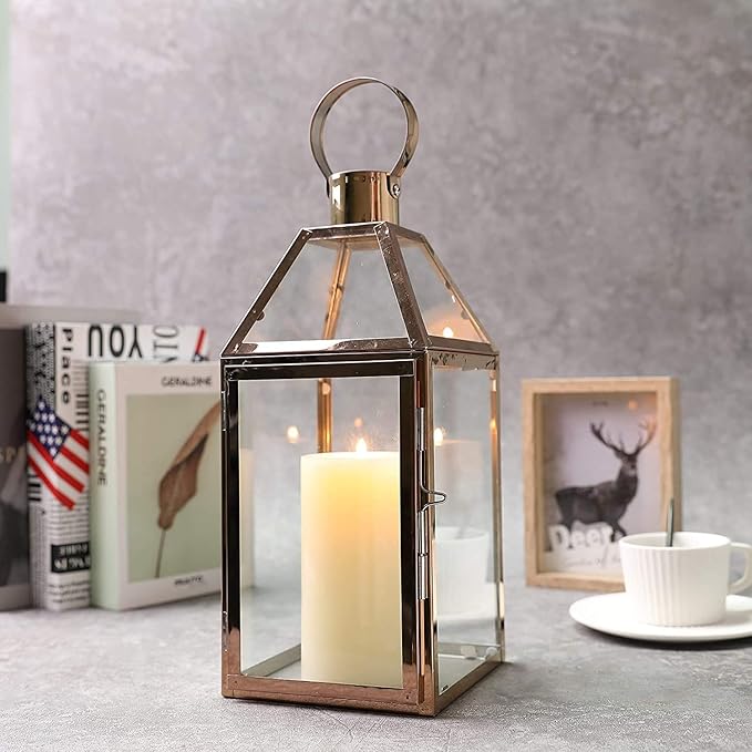 JHY Design Rose Gold Decorative Lanterns 16 inch High Stainless Steel Candle Lanterns with Tempered Glass for Indoor Outdoor Events Parities and Weddings