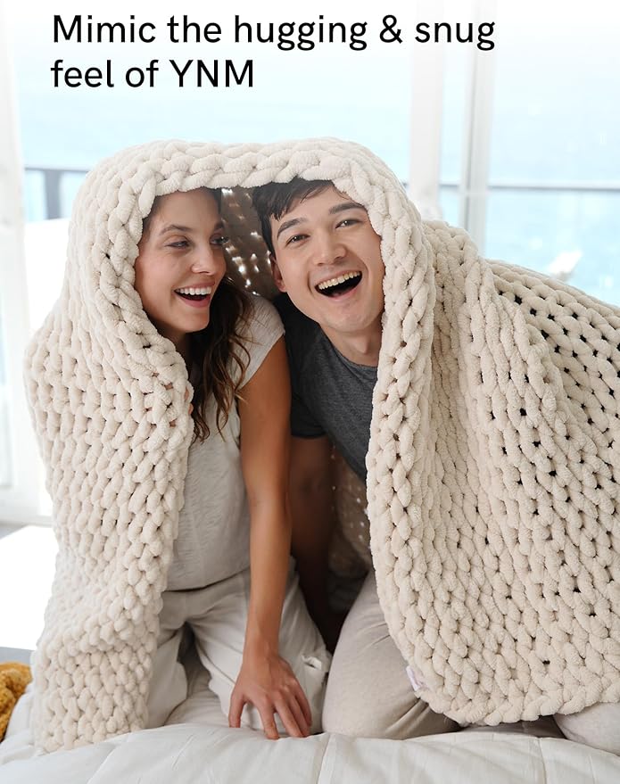 YnM Chunky Throw Blanket, Hand Knitted with Chenille Yarn, Skin Friendly, Ventilated and Breathable, Machine Washable, Home Décor Piece for Couch, Sofa and Bed (Butter Cream, 40x50 Inch)