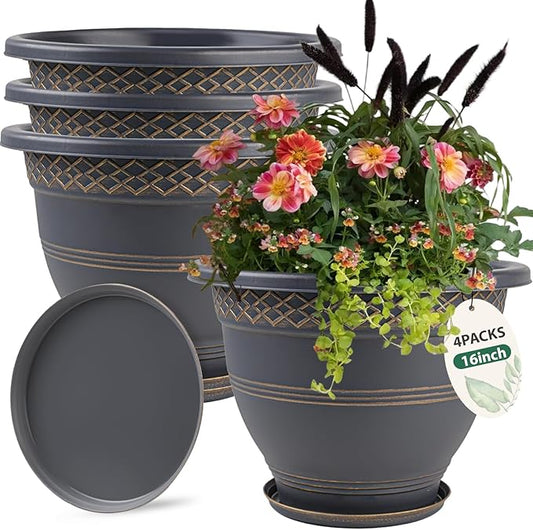 4 Pack 16 Inch Large Plant Pots, Plastic Flower Pot for Indoor & Outdoor with Drainage Holes & Saucer, Plaid Pattern Planters Garden Pots for Herbs Gold