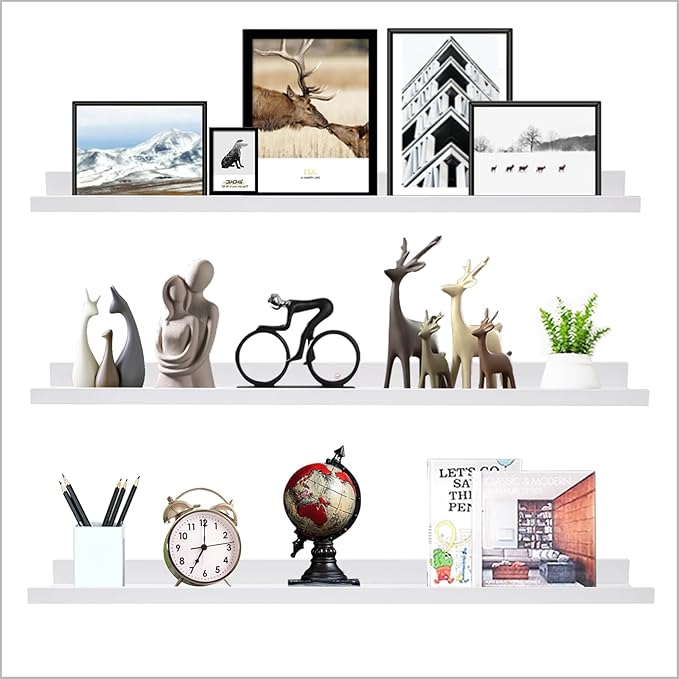 AZSKY 36 Inch Floating Shelves with Ledge White Natural Wood Picture Ledge Shelf 3 Pack Floating Shelf Picture Frame Holder for Bedroom Bathroom Living Room Kitchen Same Sizes