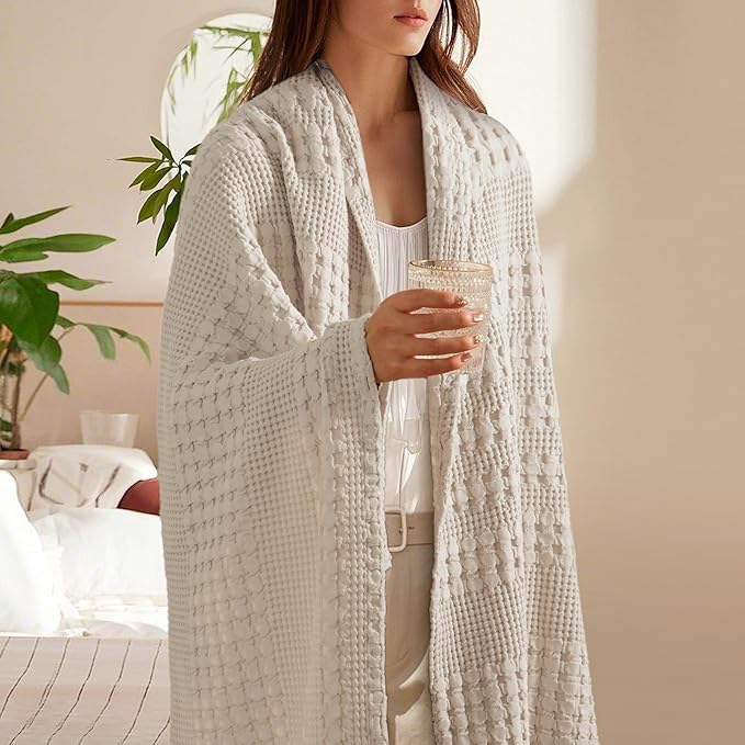 PHF 100% Cotton Waffle Weave Throw Blanket, Soft Lightweight Breathable Cozy Summer Throws for Couch Bed Sofa, Luxury Aesthetic Woven Blanket for Home Decor & Office, 50"x60", Oatmeal