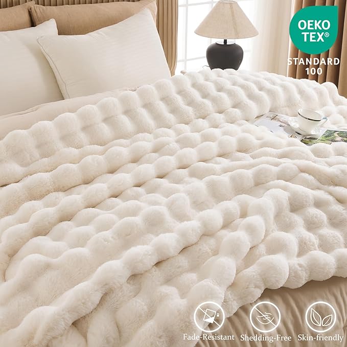 Cozy Faux Fur Throw Blanket for Bed-Warm Fuzzy Throw Blanket, Soft Plush Thick Bubble Blankets for Bedroom and Living Room, Furry Luxury Blanket, 60 x 80, Cream