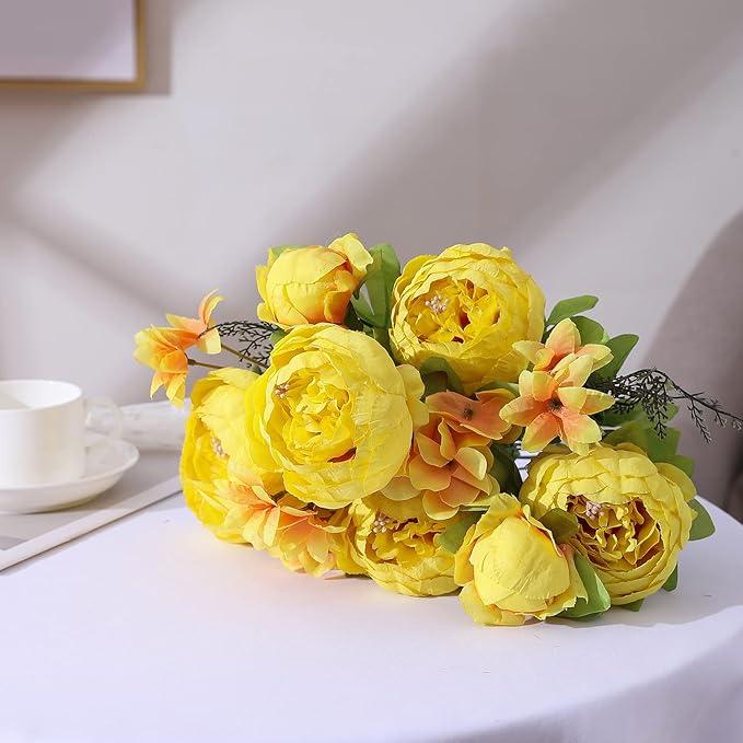 Duovlo Artificial Peony Silk Flowers Fake Flowers Vintage Wedding Home Decoration,Pack of 1 (Yellow)