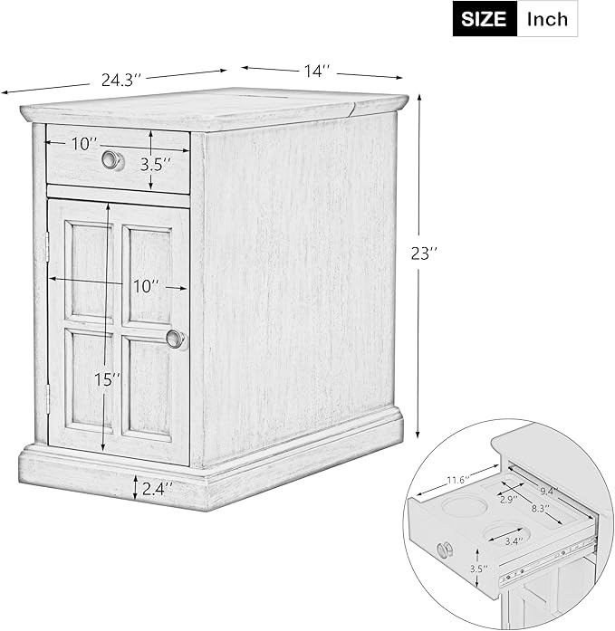 Traditional Wood End Table with Charging Station, Modern Vintage Sofa Chair Side Table Nightstand with Storage & Drawer for Living Room Bedroom, No Assembly, Antique Navy