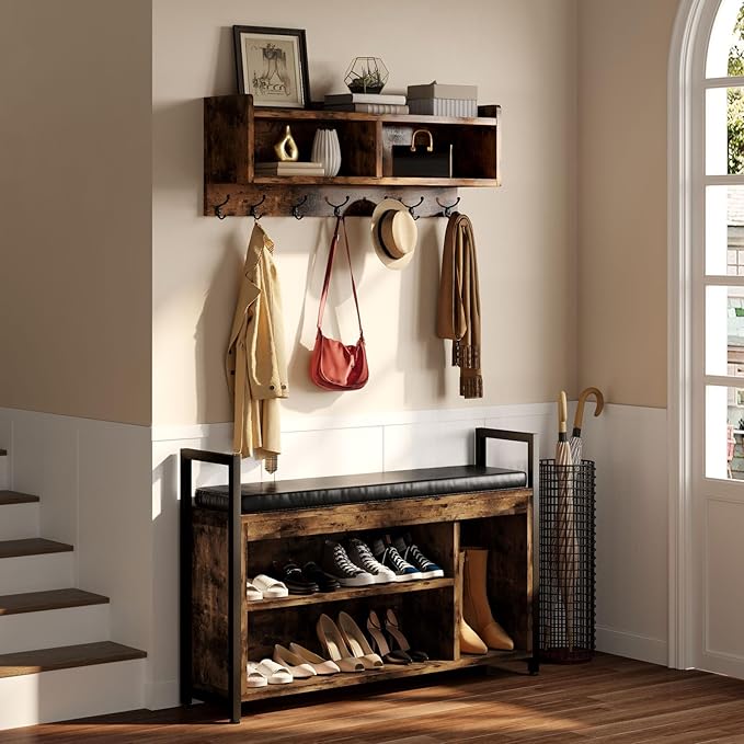 YITAHOME Coat Rack Shoe Bench Set, Wall Coat Rack with Shoe Storage, Industrial Entryway Shoe Bench with Coat Rack, 2 Storage Cubbies with Lip Top for Entryway, Hallway, Rustic Brown