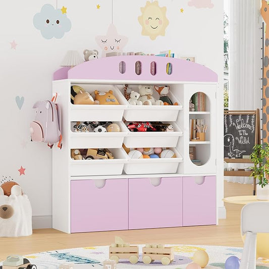FOTOSOK Toy Organizers and Storage with Door, Playroom Organization, Bookshelf and Bookcase with 3 Drawers and 6 Mobile Bins, Toy Storage Organizer for Living Room