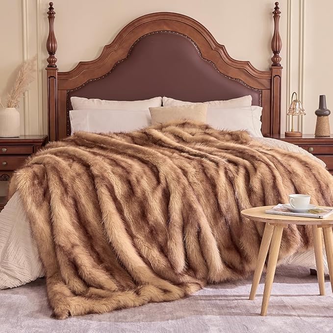 Fluffy Faux Fur Throw Blanket – Super Soft Warm Thick Plush Blanket for Bed, Couch & Office, Cozy Fuzzy Throw with Flannel Backing,50"x60", Brown