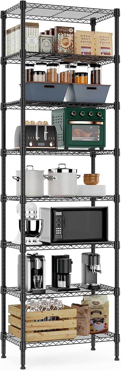 8 Tier 2000 lbs Storage Rack Metal Wire Shelving Unit, Storage Standing Shelf Organizer for Laundry Bathroom Kitchen Pantry Closet Garage Basement Utility Room, Black 13.8" D x 23.6" W x 79.5" H