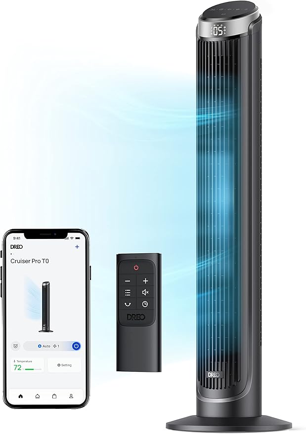 Dreo Smart Tower Fan for Bedroom, 90° Oscillating 40" Standing Fan, 26ft/s High-Speed 5 Speeds 4 Modes, Quiet Room Floor Fans, Touch/Remote/APP & Voice Control, Work with Alexa, 12H Timer, Silver
