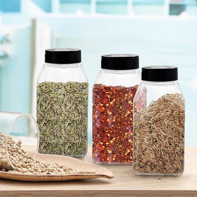 ROYALHOUSE 6 PACK 32 Oz with Black Cap, Plastic Spice Jars Bottles Containers, Perfect for Storing Spice, Herbs and Powders, Lined Cap, Safe Plastic, PET, BPA free, Made in the USA