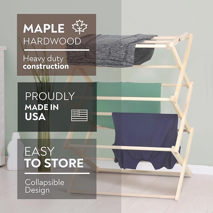 Pennsylvania Woodworks Premium American Maple Clothes Drying Rack - Handcrafted in Pennsylvania - Solid Wood Construction, Collapsible, Eco-Friendly Laundry Solution (Large)