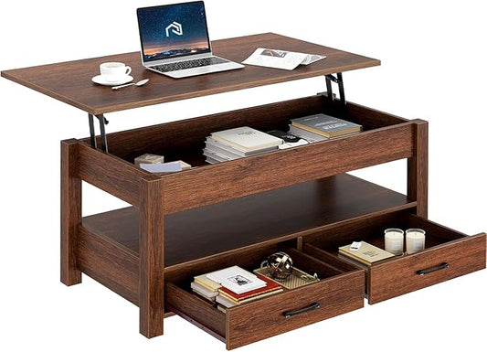 Rolanstar Coffee Table, 47.2" Lift Top Coffee Table with Drawers and Hidden Compartment, Retro Central Table with Wooden Lift Tabletop, for Living Room,Espresso