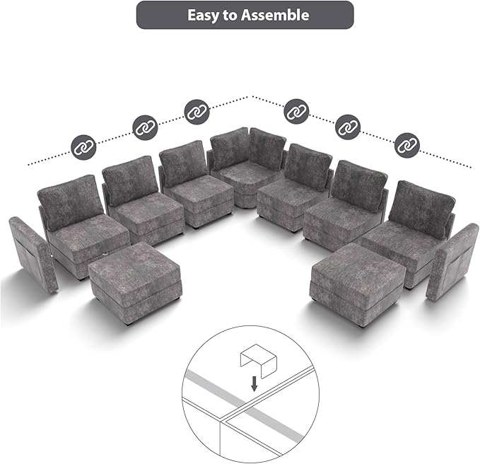 mestyl Modular Sectional Sofa Convertible U Shaped Sofa Couch Set with Storage for Living Room, Modern 3 Seater Modular Sectional Couch with 2 Movable Ottoman (Grey)