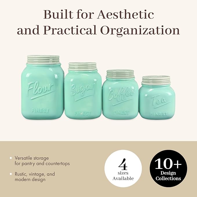 Young's Inc. 4 Pcs Set Vintage Ceramic Canisters- Storage Container for Kitchen and Bathroom - Beautiful Home Decor Accent to Store Food, Coffee, Tea, and More - Sky Blue