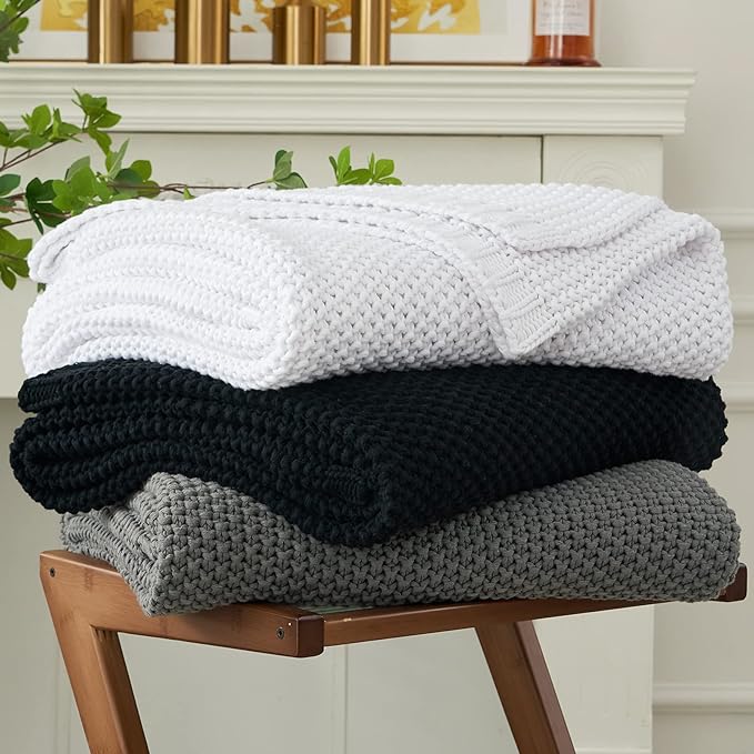 Longhui bedding Chunky Cable Knit Throw Blanket Lightweight Grey 100% Organic Cotton Blanket for Sofa Couch Bed Baby Nursery, Rustic Shabby Chic Modern Farmhouse, Gray 60” x 80” Give Laundering Bag