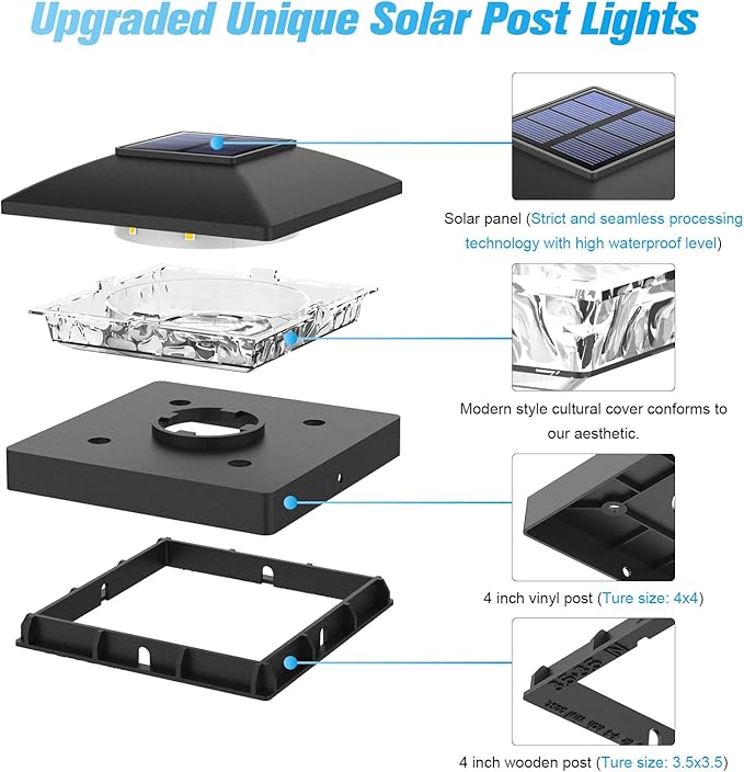 VOLISUN 4x4 Solar Post Cap Light 16pack,Solar Fence - Post Lights Outdoor Waterproof for Wooden/Vinyl Post, White Deck Post Cap Light Solar Powered with Warm White for Garden/Patio/Porch, Black