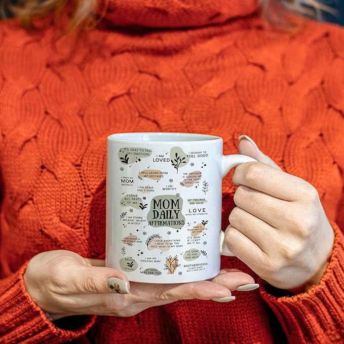 JINYO Boho Floral Mom Coffee Cup, Mother's Day Mugs Cups, Mother Birthday Gifts from Daughter Son, Mom Daily Affirmation Ceramic Coffee Tea Mug 11 oz