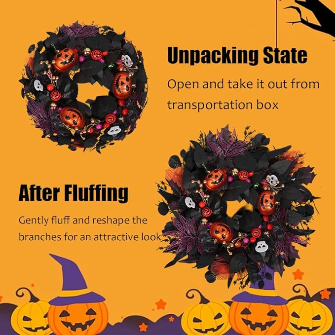 24" Glitter Halloween Wreath Outdoor - Sparkly Balls, Skulls, Bat, Skeleton, Pumpkin on Black Twig | Front Door Outside Goth Decor for Spooky Night