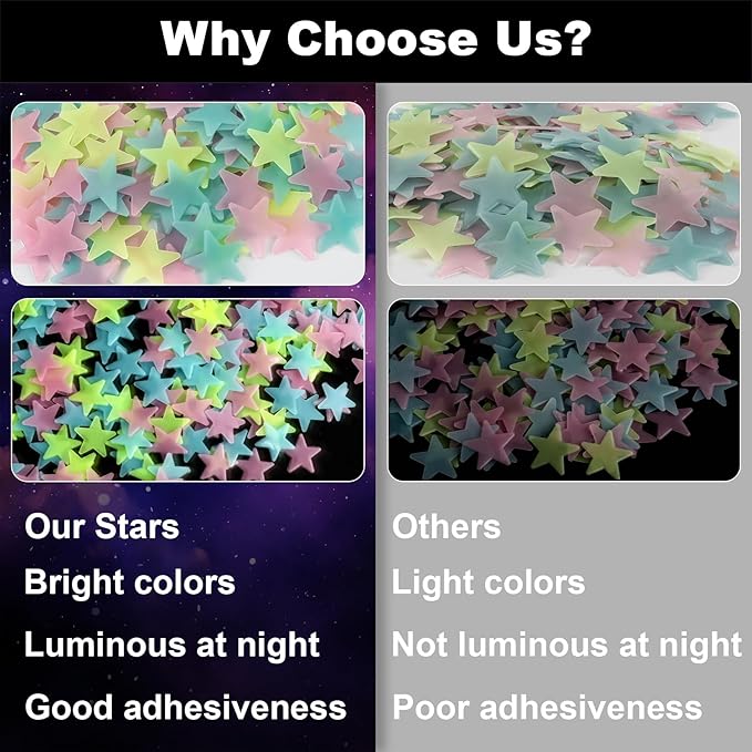 200 Glow in The Dark Stars for Ceiling - Glowing Stars and Moon Stickers Estrellas que brillan en la oscuridad para el techo de cuarto Plastic Space Galaxy Decals Bedroom Wall Decorations
