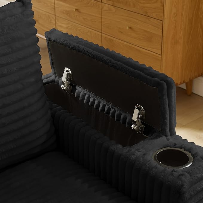 Modular Sectional Sofa Couch, Plush Corduroy Fabric Sectional Couches for Living Room with USB Charging Ports, Phone Holders, and Multi-Functional Storage Armrests (Black, 4set+2ottoman)