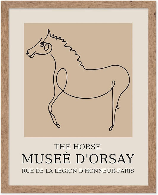 Poster Master Vintage Poster - Retro Minimalist Print - Gift for Artist, Friend - Horse, Line Drawing, Sketch, Abstract - Wall Decor for Living Room, Bedroom, 11x14 Beige Framed