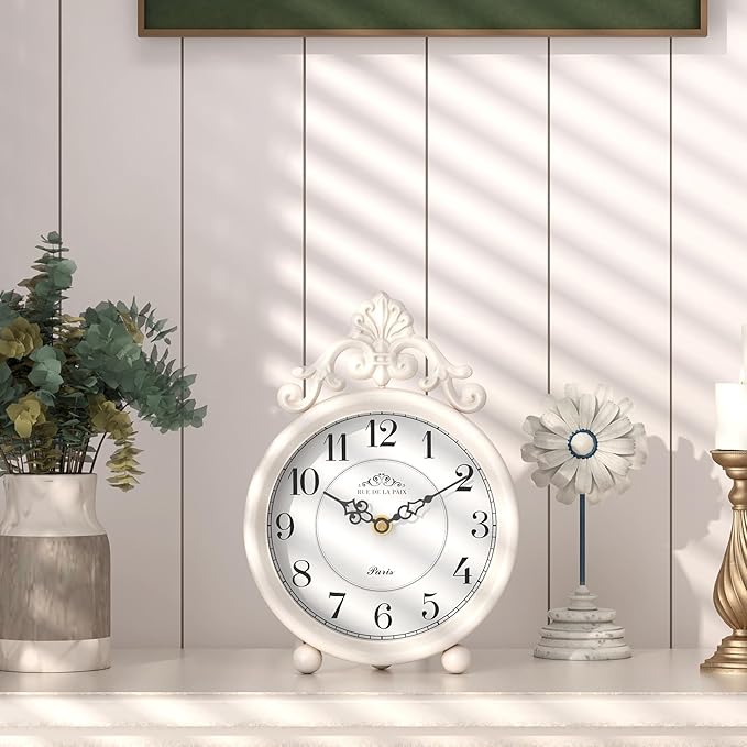Vintage White Table Clock, Desk and Shelf Mantel Clock, French Rustic Antique Style Decor Clocks, for Farmhouse, Bedroom, Living Room, Bedside, Gift (9" H x 6.3" W)