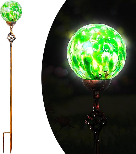 Garden Solar Lights, Decorative LED Honeycomb Glass Ball Garden Stake, Glass and Metal Outdoor Decoration, 4 x 31 Inch (Green)
