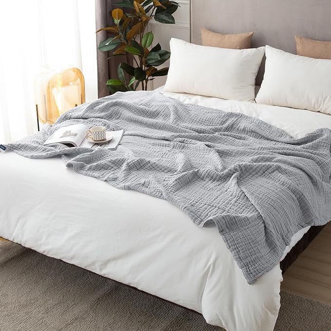 EMME Cotton Throw Blanket for Couch Soft Muslin Blankets 50"x60" Lightweight Breathable Blanket All Season Gauze Blanket, Light Grey