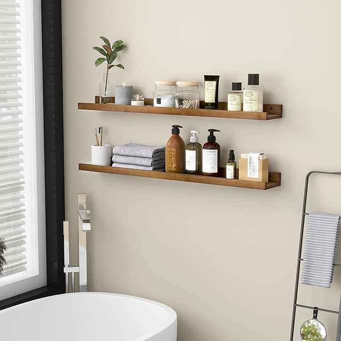 Picture Ledge Wall Shelves 36 inch Width Set of 2, Solid Pine Wood Rustic Floating Ledge Shelves for Wall for Kids' Room Bedroom Kitchen Bathroom Living Room Nursery Display Wall Decor, Walnut