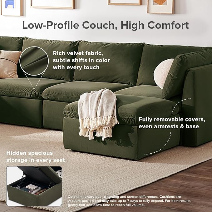 mopio Oversized Modular Sectional Sofa with Fully Removable Covers and Storage, Convertible U, L-Shaped and Sleeper Sectional, Modern Couches with Ottoman Chaise (Olive Green Velvet, 6 Seats, U)