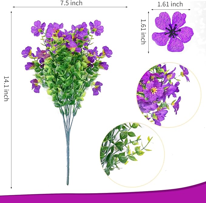 ‌20 Bundles Artificial Flowers for Outdoors‌ with 6 Faux Butterflies, UV Resistant ‌Fake Flowers‌ with Eucalyptus Leaves, ‌Artificial Plants Outdoor‌ for Patio Garden Porch Home Decor (Purple)