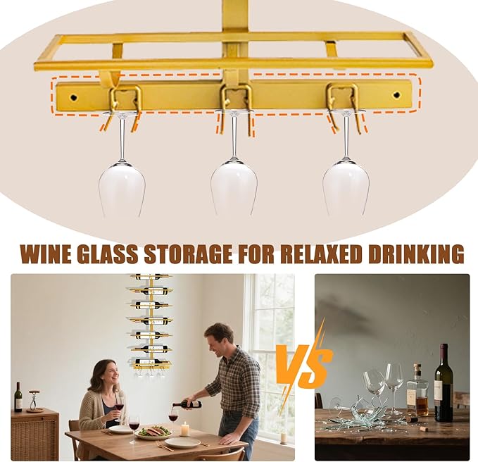 8 Bottle Wall Mount Wine Rack with Wine Glass Holder, Metal Wine Wall Rack, Wall Racks for Wine Bottles Display and Storage, Hanging Bottle Organizer for Living Dining Room Wine Cellar Bar (Gold)