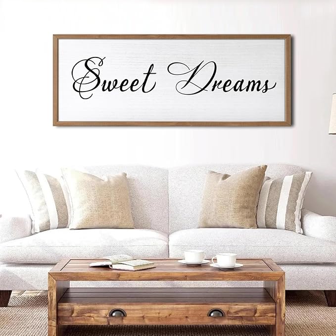 Sweet Dreams Wall Decor Above Bed 40x15 Inch Large Master Bedroom Hanging Wood Rustic Framed Farmhouse Sweet Dreams Sign Guest Room Aesthetic And Minimalist Over Bed Wall Art（Wood White）