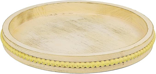Round Wood Serving Tray with Beads, Yellow Washed Wooden Decorative Tray for Entertaining, Decoration, and Gifting