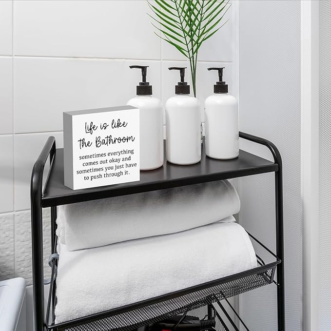 Life Is Like The Bathroom - Black and White Bathroom Decor Sign, Funny Wooden Box for Home Farmhouse Living Room Table Shelves