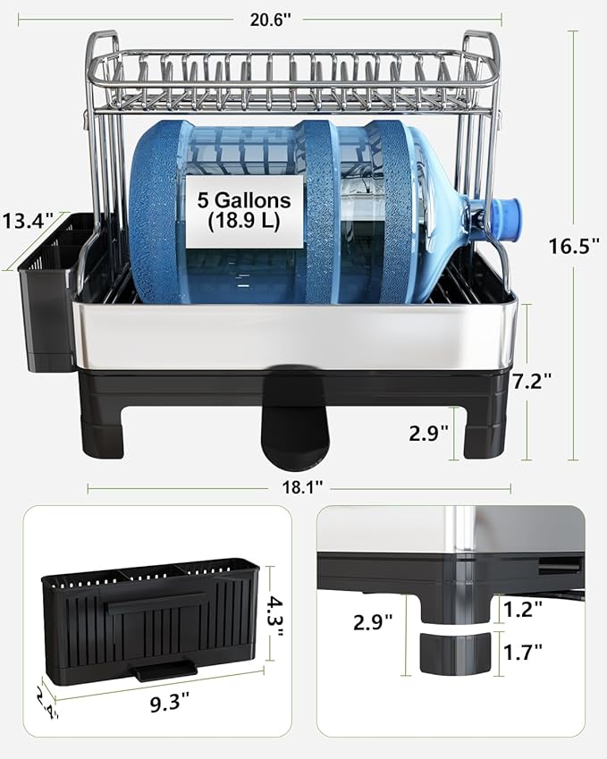 BOOSINY Extra Large Stainless Steel Dish Drying Rack, 2 Tier Dish Racks for Kitchen Counter, Dish Drainer with Drainboard Set, Full Size Dish Dryer Rack with Utensil Holder, Black