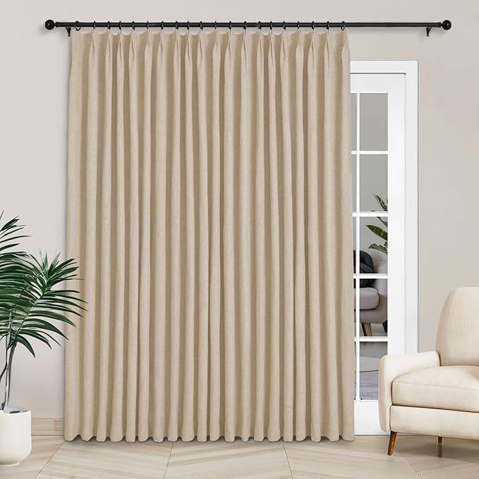 Macochico Extra Wide Full Blackout Linen Curtains for Sliding Door Sand Beige Pinch Pleated Linen Curtains 96 Inches Long for Bedroom Living Room Farmhouse with Tieback 120”Wx96”L 1 Panel