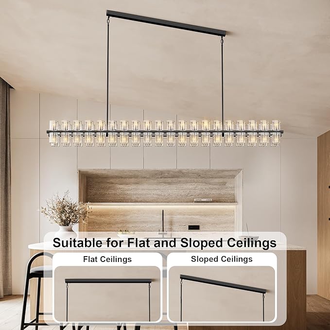 Crystal Black Rectangular Chandelier Light Fixture,72 in Large Dining Room Chandelier Over Table,Modern Chandeliers for Living Room,Arcachon Chandeliers,Kitchen Island,Includes 80xG4 Bulbs