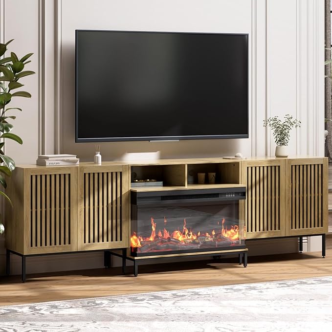 3-Sided Glass Farmhouse Fireplace TV Stand for TVs Up to 100 Inch, Entertainment Center with 36" Electric Fireplace, Oak TV Console with Storage Cabinets for Living Room