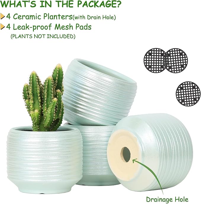 Mini Succulent Planter Set – 3.7 Inch Ceramic Pots with Drainage for Indoor Plants, Small Decorative Flower Pots for Cactus and House Plants, Set of 4
