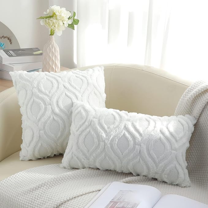 decorUhome Fall Throw Pillow Covers 12x20 Inch Set of 2, Soft Plush Decorative Faux Fur White Solid Couch Pillow Covers, Accent Farmhouse Neutral Lumbar Euro Pillow Cases for Sofa Bed Living Room
