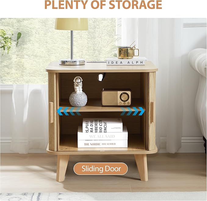 AVZEAR 24" Large Square End Table with Charging Station, Farmhouse Fluted Sofa Side Table with Sliding Tambour Door & Storage, Curved Rustic Wood Nightstand for Living Room, Bedroom, Natural