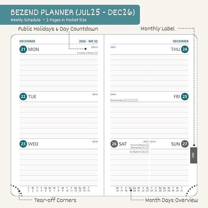 BEZEND Pocket Planner 2025-2026 Weekly and Monthly, 3.5" x 6" Academic Planner (Jul 25-Dec 26) 18-Month Mid-Year Calendar Book, Storage Pocket, Pen Holder, PU Leather Hardcover - Black