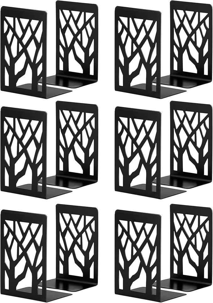 Metal Bookends Black 6 Pair - Heavy Duty Book Stoppers for Shelves - Decorative Book Ends
